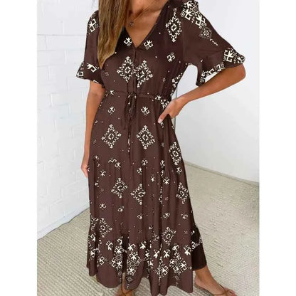 Plus Size Womens Summer Loose Boho Flowy Wrap V Neck 3/4 Sleeve Floral Print Slit Beach Wedding Guest Long Maxi Dresses Vistidos