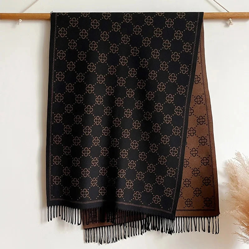 Women's Four Leaf Flower Shawl Core Spun Yarn Imitation Cashmere Tassel Warm Scarf Air Conditioning Shawl Scarf Autumn Winter