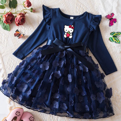 Hello Kitty Autumn Dress for Kid's Casual Clothes 3D Butterfly Cute Long Sleeve Baby Girls Princess Dress Party Dresses 2-6 Yrs