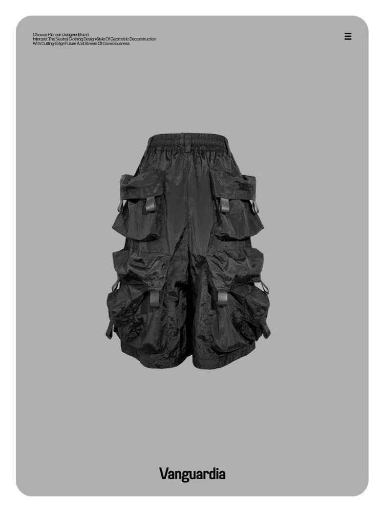 Mauroicardi Spring Summer Cool Handsome Thin Black Nylon Cargo Shorts for Men with Many Pockets Luxury Emo Techwear Clothes 2025