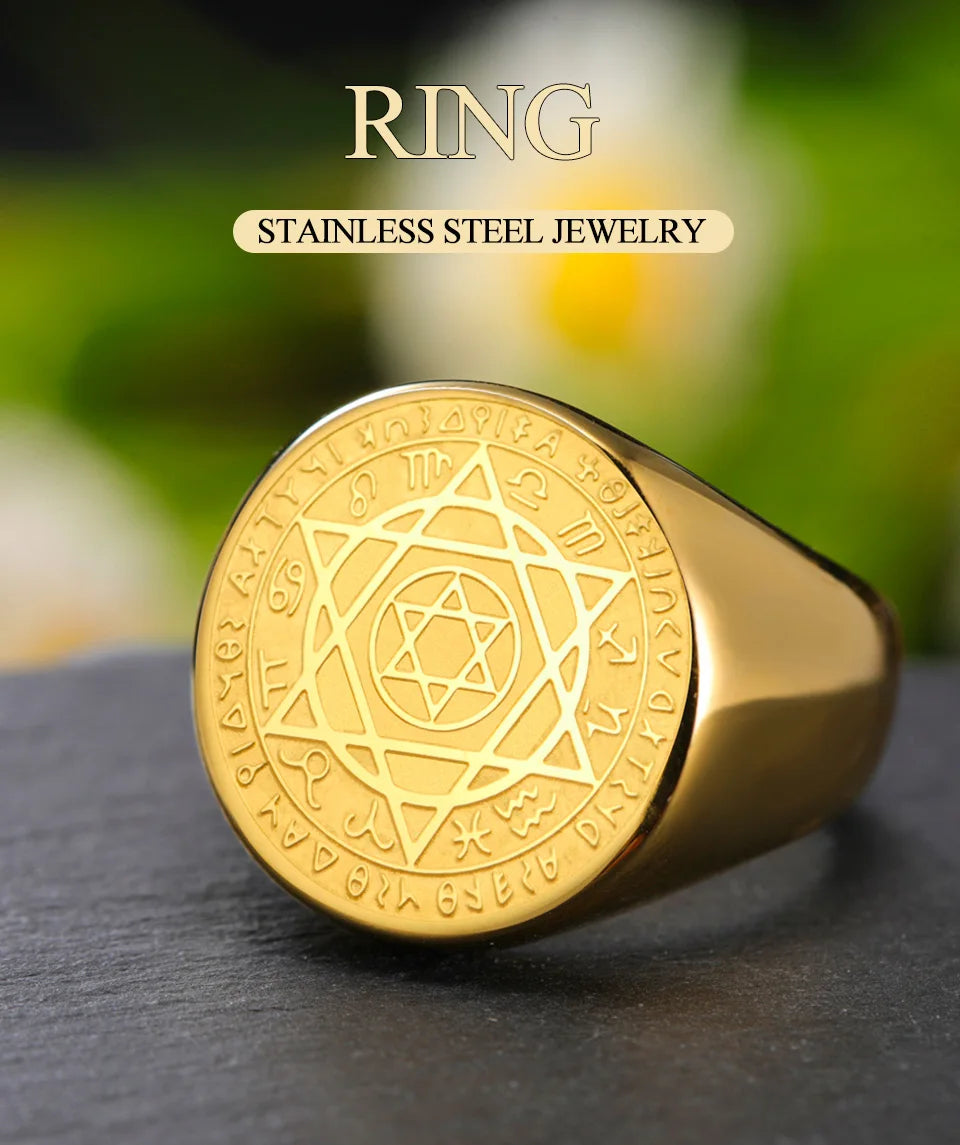 Dawapara Talisman Seal Solomon Ring Hexagram 12 Constellation Kabbalah Prosperity Good Health Amulet Stainless Steel Jewelry - AMULET RING STORE
