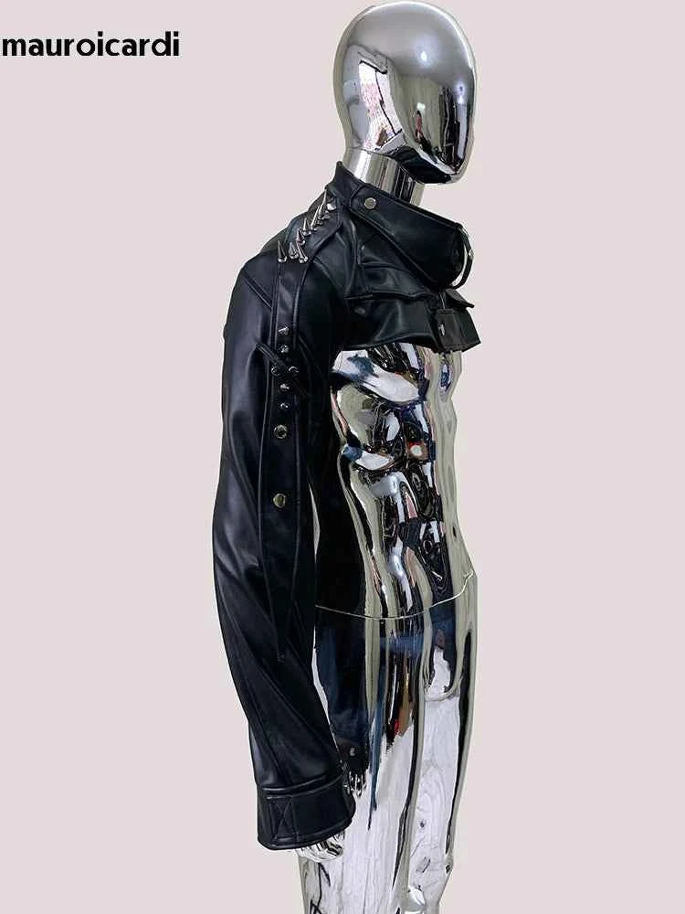 Mauroicardi Spring Autumn Cool Black Cropped Faux Leather Jacket Men Rivet Long Sleeve Zip Up Luxury Punk Style Emo Clothes 2025