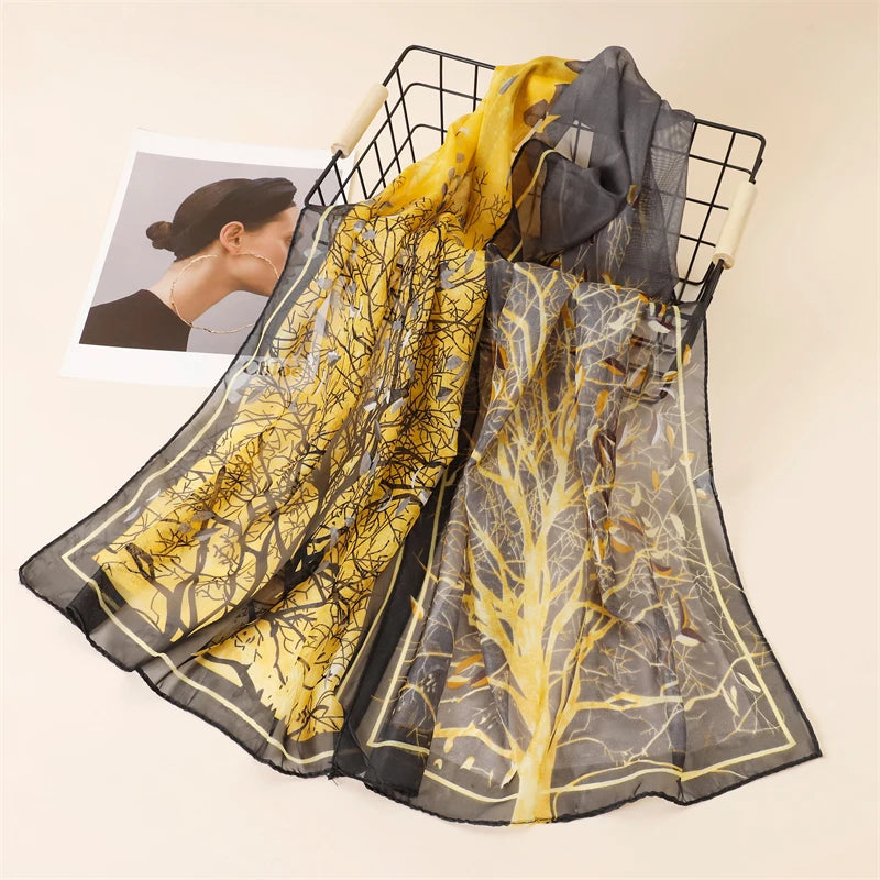 45*155cm Print Design Women Silk Scarf Shawl Elegant Headscarf Convinient Bandage Hijabs Chiffon Muslim Wrap Scarves - AMULET RING STORE