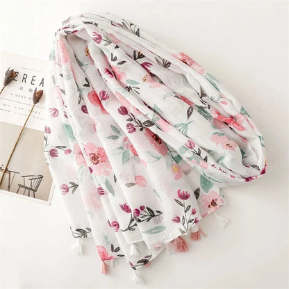 White Pink Flower Women Scarf Shawl Cotton Linen Feeling Tassel Pashmina Muslim Hijab Wrap Lady Viscose Scarf Foulard