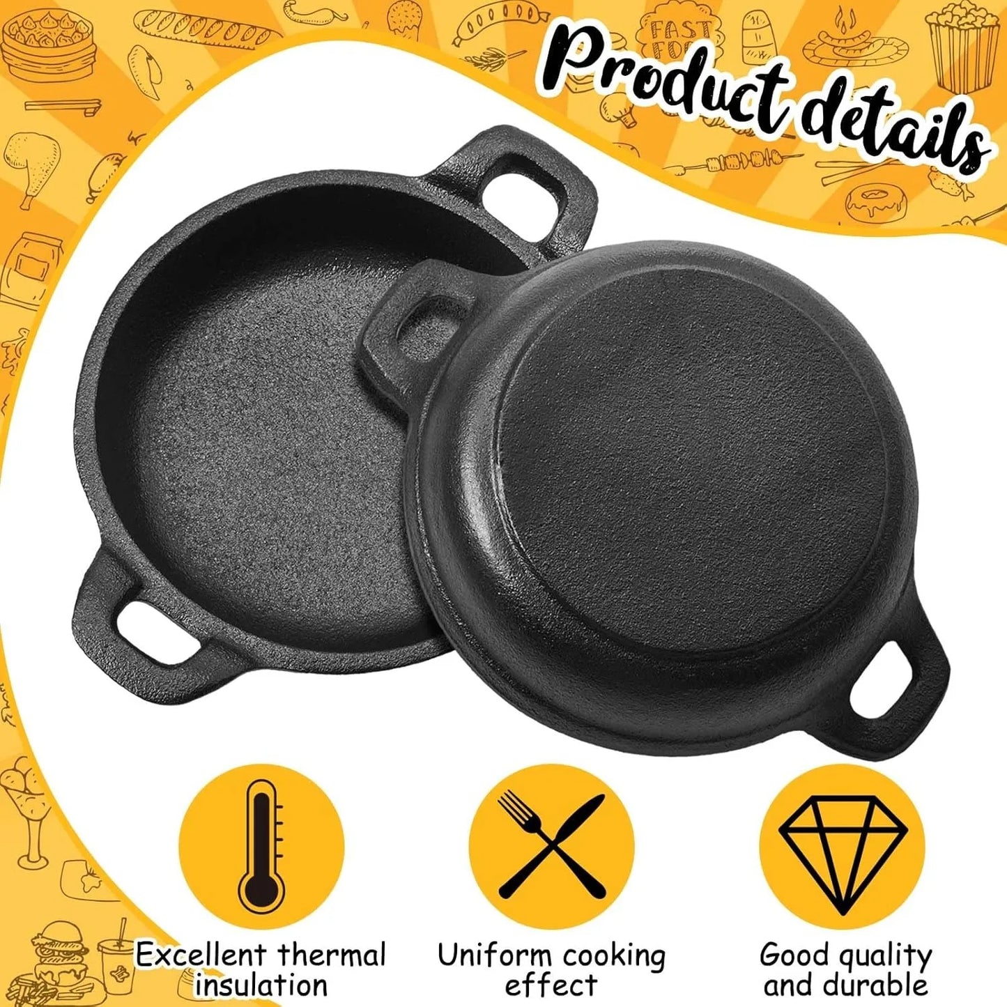 Mini cast iron frying pan 5 x 5 x 1.3, set black, oven, kitchen indoor/outdoor picnic mini frying pan (2-piece set)