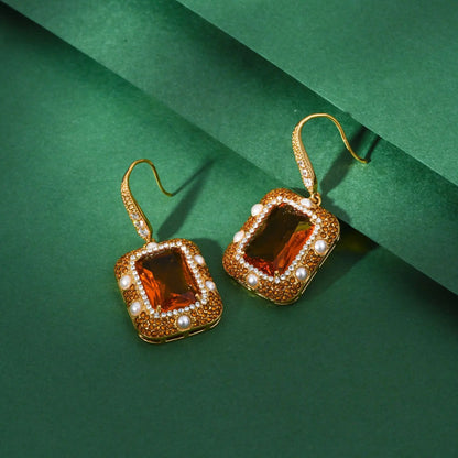 Vintage Crystal & Pearl Earrings, Caramel Cube Drop Earrings, Luxury Geometric Statement Earrings for Women