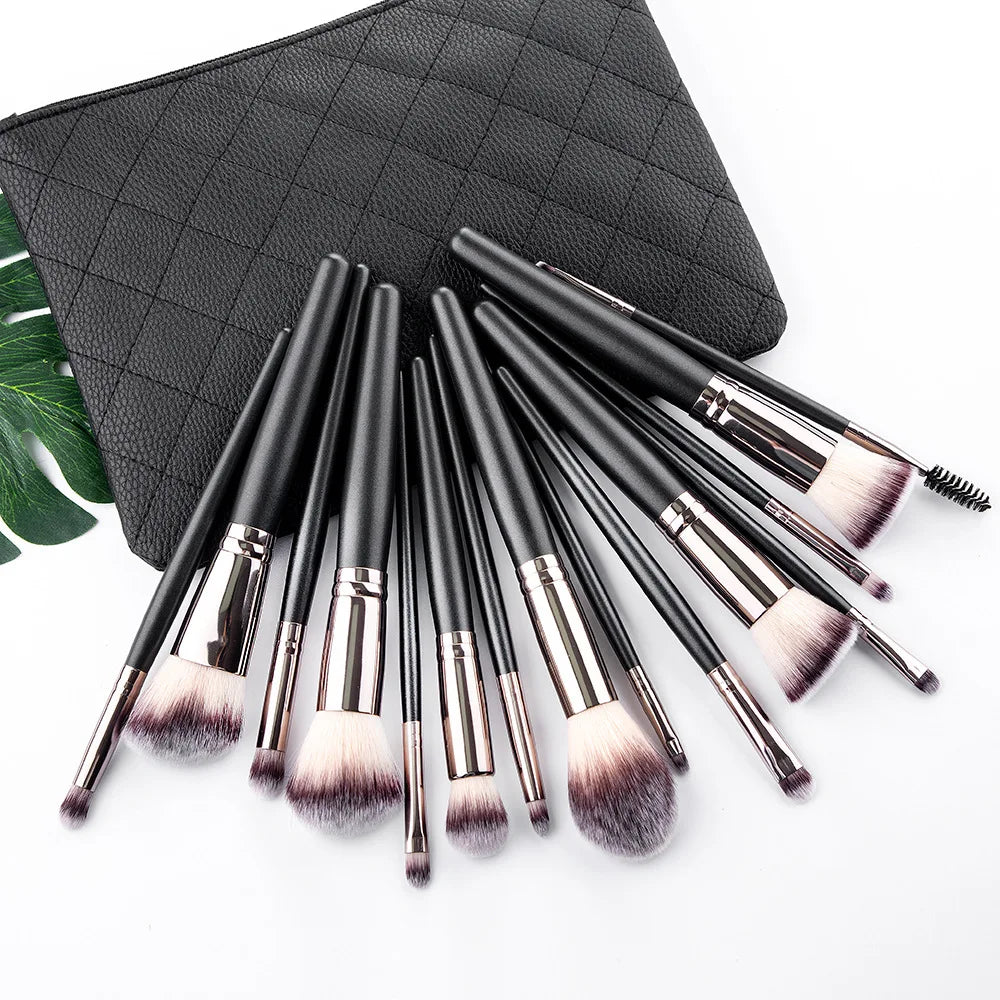 New Cangzhou15Pink Plaid Makeup Brush Set Rose Gold Wooden Handle Makeup Tools - AMULET RING STORE