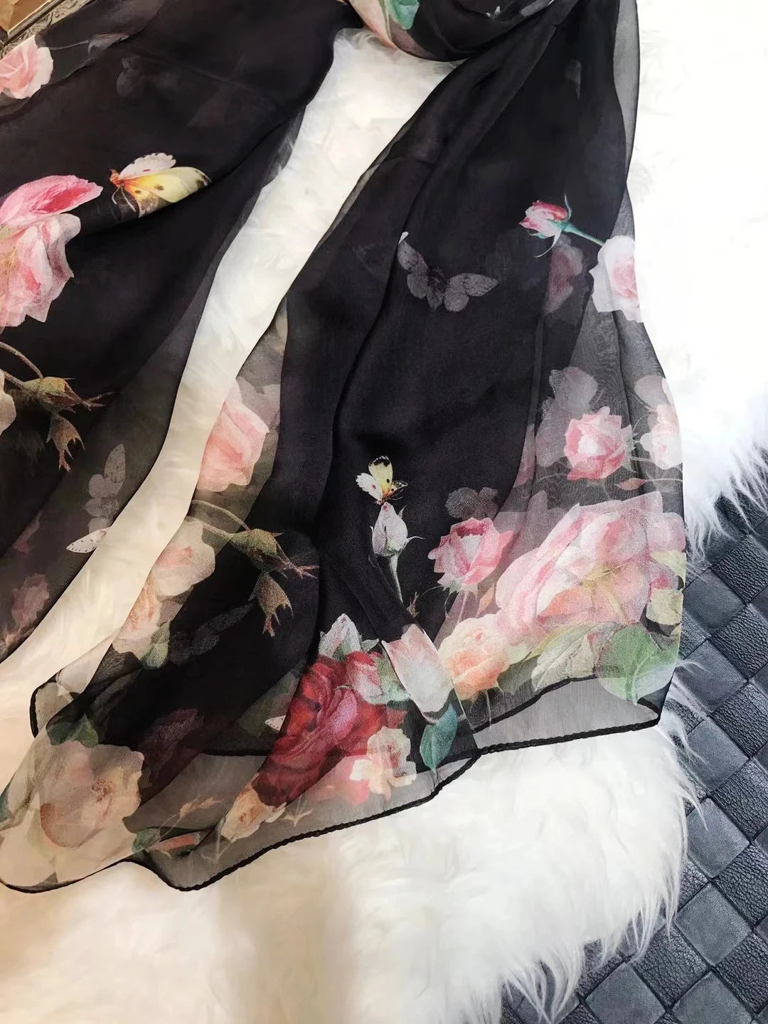 BYSIFA|New Black Pink Peony 100% Silk Shawl Scarf Women Chiffon Long Silk Scarves Cape Summer Foulard Winter Brand Scarves Wraps