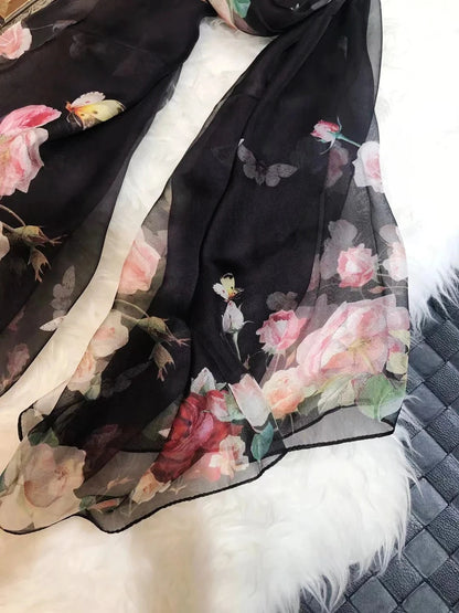 BYSIFA|New Black Pink Peony 100% Silk Shawl Scarf Women Chiffon Long Silk Scarves Cape Summer Foulard Winter Brand Scarves Wraps