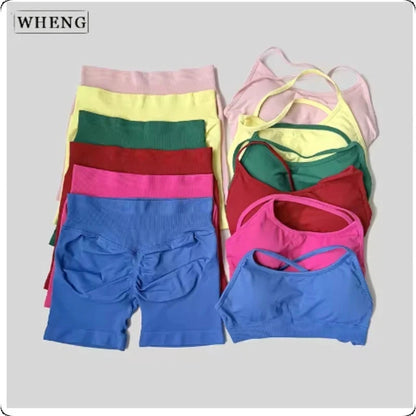 WHENG Peach Hip Lifting Suit Back Cross Sports Bra Shockproof Bra Quick Drying Shorts Set Gym Fitness Running Yoga Suit