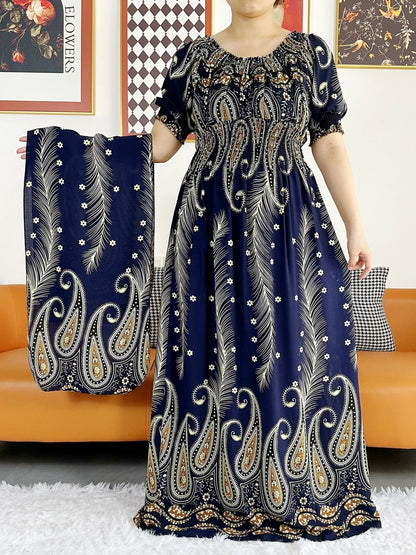 New Summer Women Abaya Short Sleeve Dashiki Floral Collect Waist Loose Maxi Robe Floral Femme Musulmane African Printing Abaya