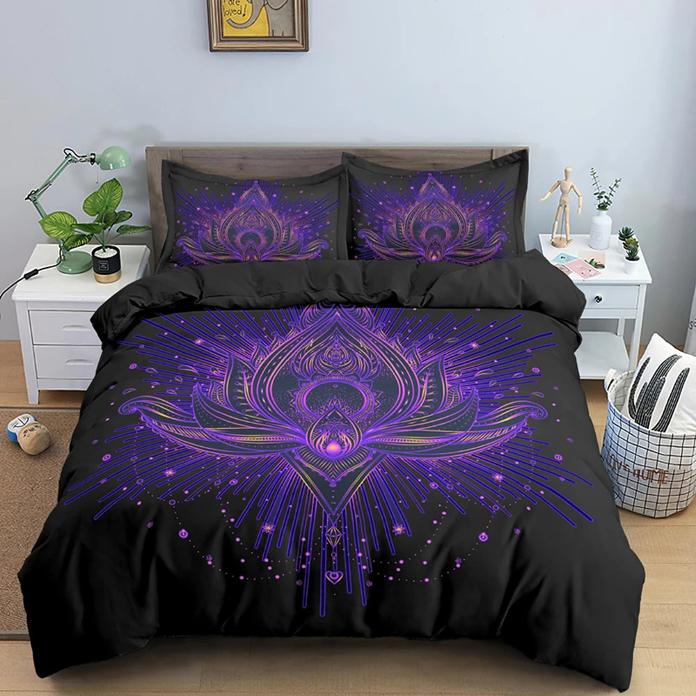 2/3pcs Bed Set Bohemian Lotus Duvet Cover Set Mandala Flower Quilt Cover Adult Black Polyester Bedding Set Queen King Twin Teens - AMULET RING STORE