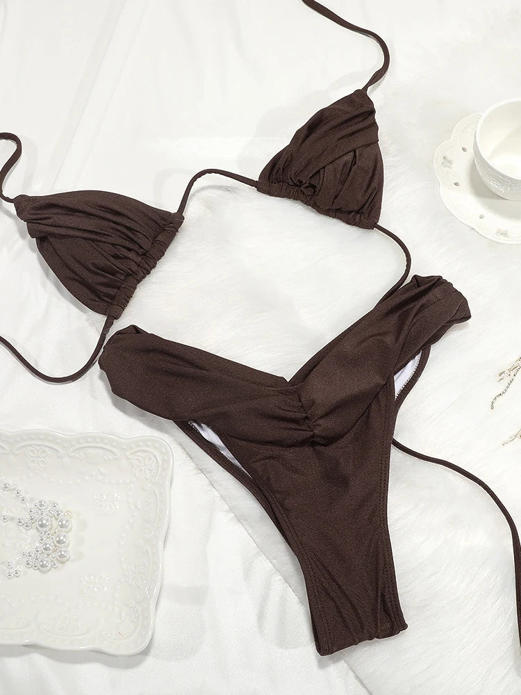 Sexy Folds Bikini Set Solid Micro Bikinis Women Swimsuit Female Triangle Swimwear Beach Wear Bathing Suit