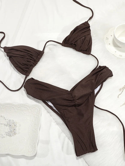 Sexy Folds Bikini Set Solid Micro Bikinis Women Swimsuit Female Triangle Swimwear Beach Wear Bathing Suit