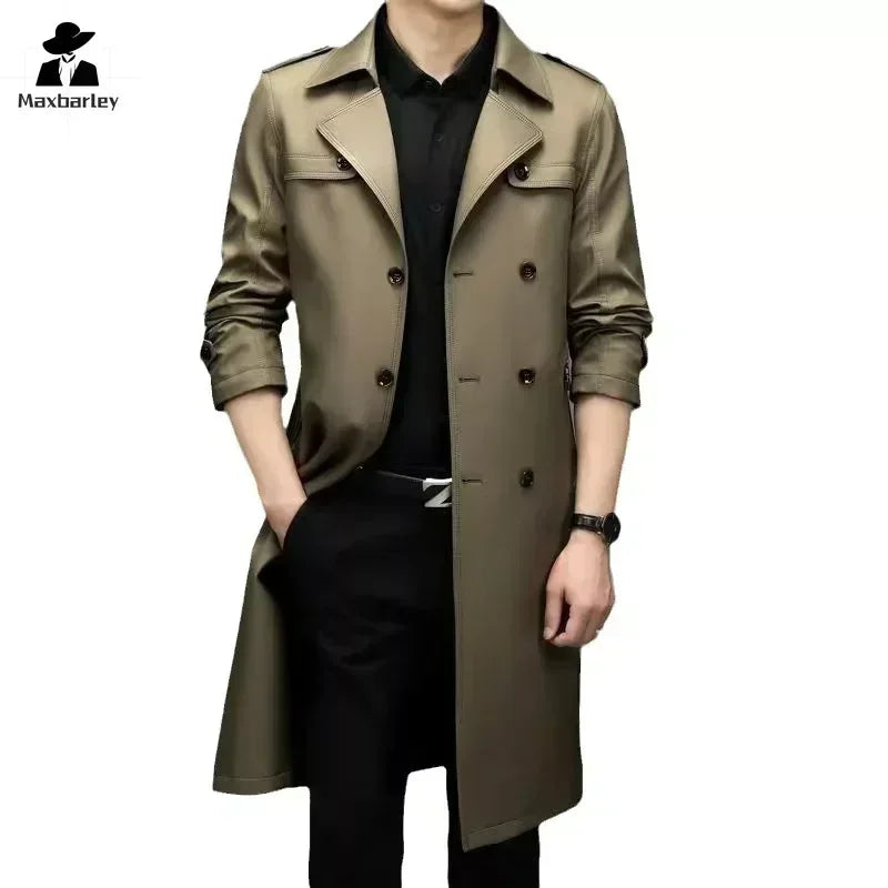 Brand Business Men's Windbreaker 2023 Autumn High-quality Khaki Navy Black Double-breasted Trench Coat Fashion Male New Clothing - AMULET RING STORE