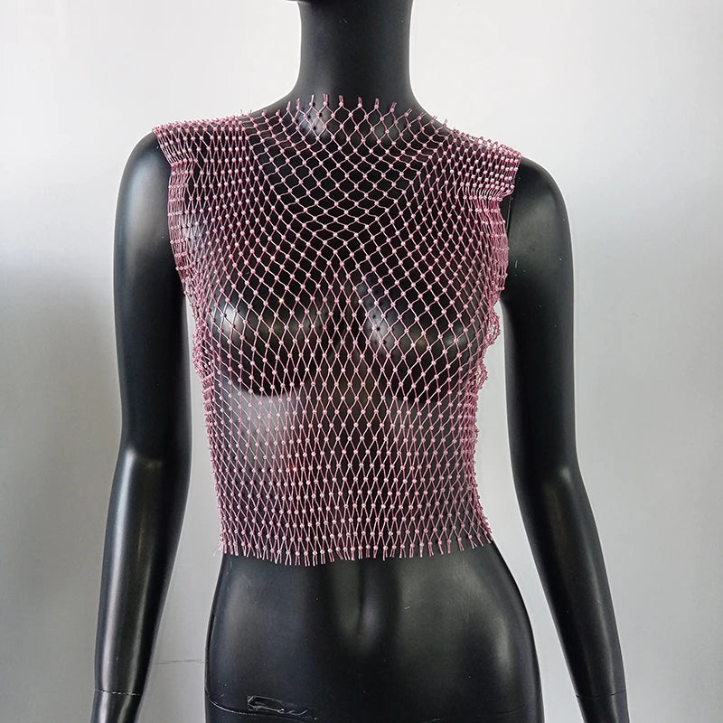 Women's Fishnet Rhinestone Crop Top 2024 Summer Sexy Mesh High Elastic Black White Shirt Net See Through Rave Diamond Tank Top - AMULET RING STORE