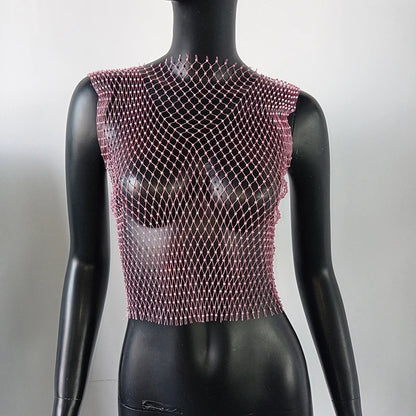 Women's Fishnet Rhinestone Crop Top 2024 Summer Sexy Mesh High Elastic Black White Shirt Net See Through Rave Diamond Tank Top - AMULET RING STORE