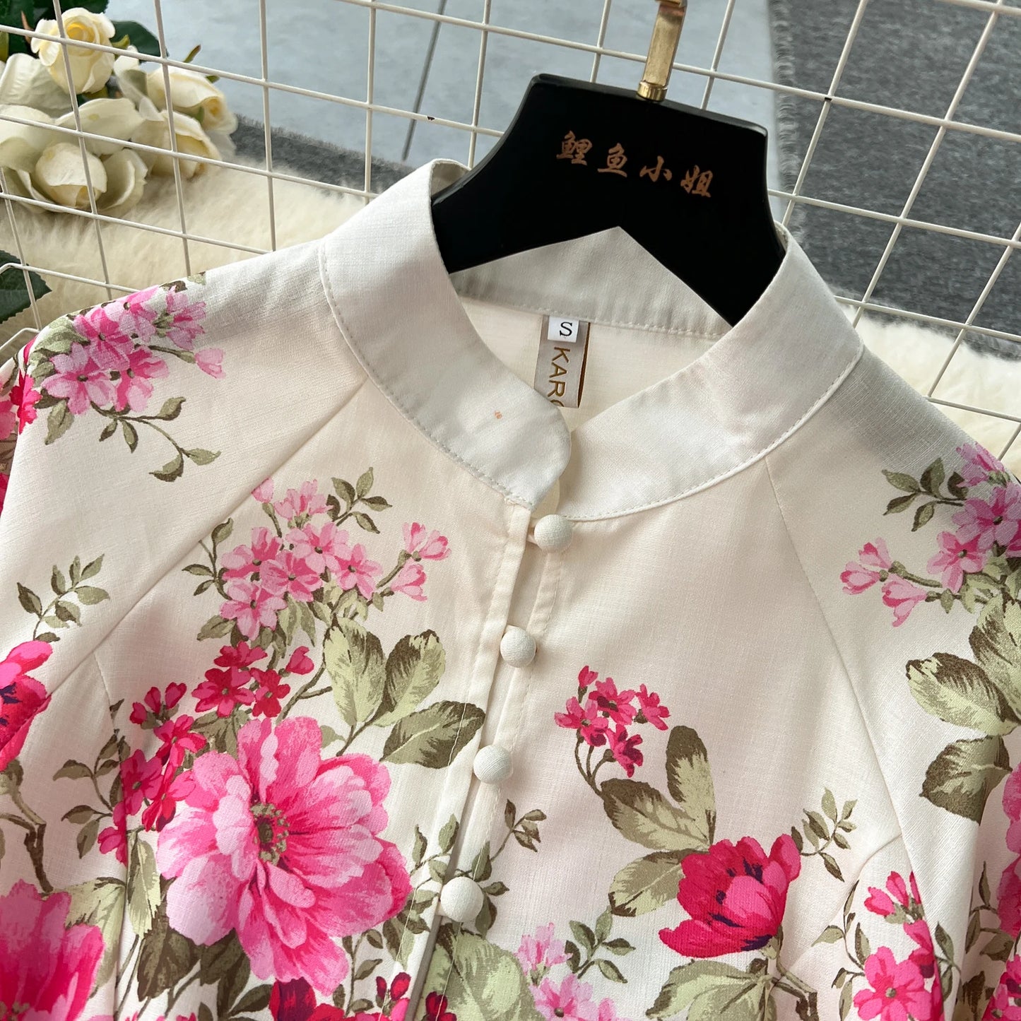 Elegant Gorgeous Floral Bohemian Dress Spring Women Stand Long Lantern Sleeve Floral Print Belt Linen Long Vestidos Clothes 6235