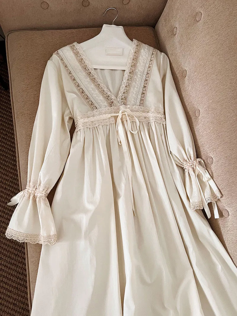 Vintage Embroidery Cotton Long Nightgowns For Lady Lace  Long Sleeve Beige Elegant Nightshirts Comfortable Sexy Night Dress