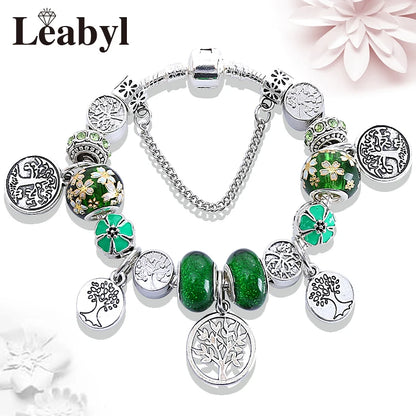 Antique Tibetan Silver Tree of Life Charm Bracelets Green Crystal Flower Bead Bracelet with Heart Diy Jewelry Pulsera Mujer