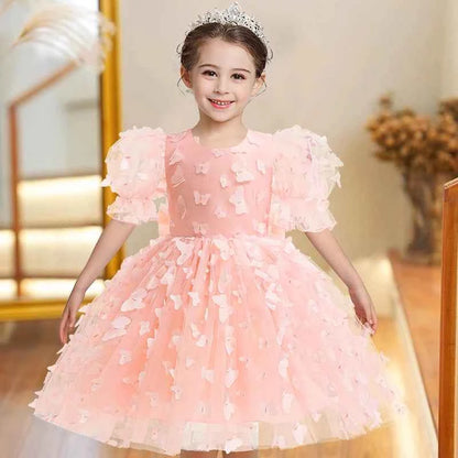 Baby girl dress three-dimensional butterfly Bubble sleeve mesh fluffy princess dress performance birthday party dress girl dress