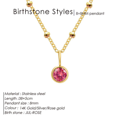 Stainless Steel Birthstone Necklace Beaded Chain Zirconia Pendant DIY Necklace Constellation Birthday Gift Jewelry Wholesale