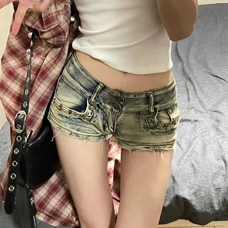 New Woman Designer Low Waist Punk Jeans Girls Aesthetic Elastic High Street Mini Pants Female Sexy Nightclub Summer Denim Shorts - AMULET RING STORE