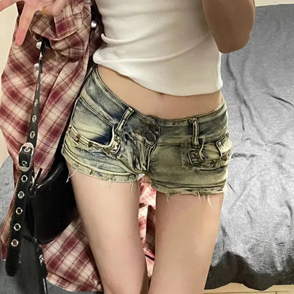 New Woman Designer Low Waist Punk Jeans Girls Aesthetic Elastic High Street Mini Pants Female Sexy Nightclub Summer Denim Shorts - AMULET RING STORE