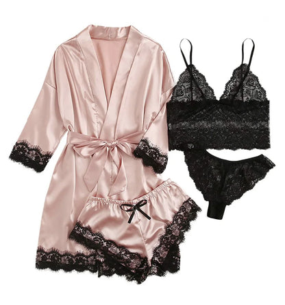 2025New Women's Pajama Fashion 4-piece Set Lace Satin Strap Sexy Pajama Set Dress Skin friendly Comfortable Casual Pajama Skirt - AMULET RING STORE