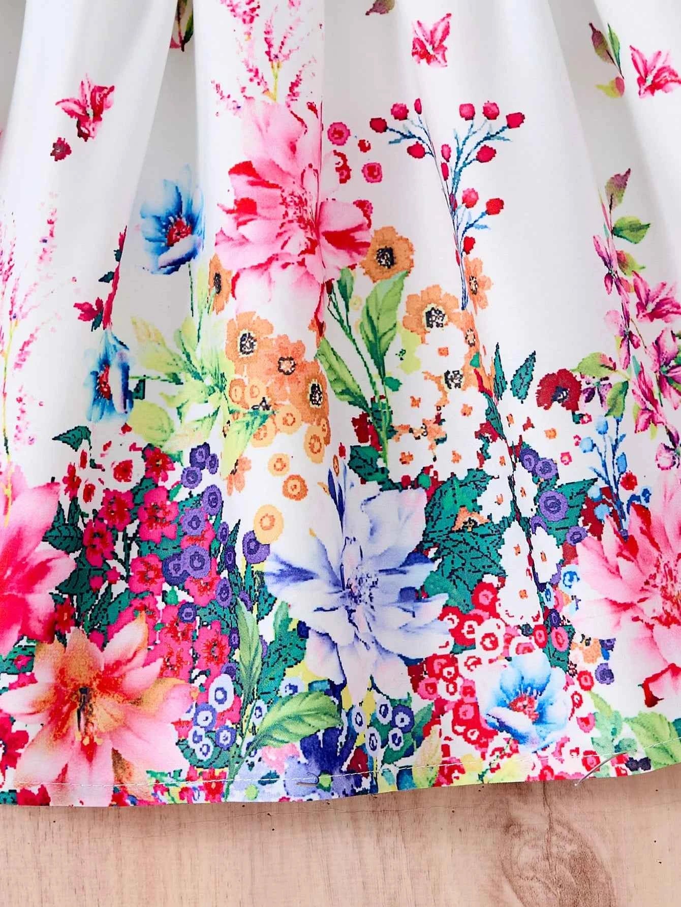 New Kids Girl Dress Summer Floral with Bow Fashion White Vestidos Short Sleeve Children Clothing Outfits Casual Printed  Dresses