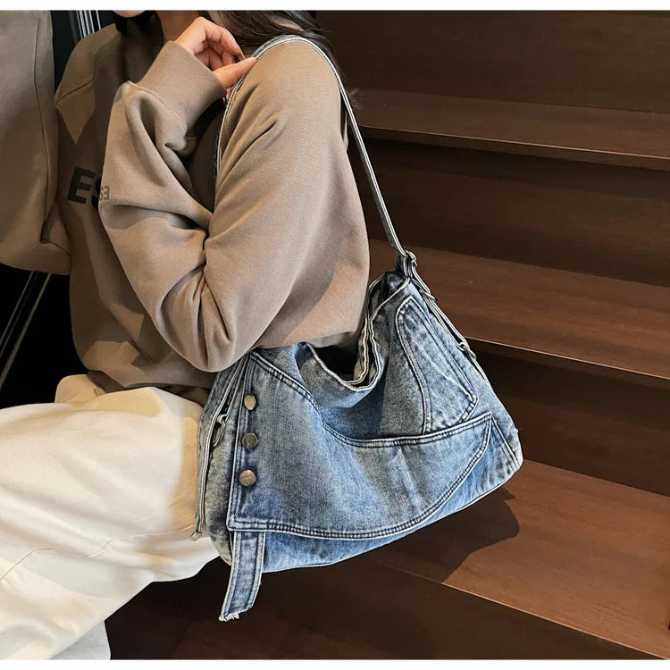 2025 New Women's Denim Tote Bag - Retro Crossbody Shoulder Bag with Large Capacity for Work & Commute, Fashionable Denim Handbag