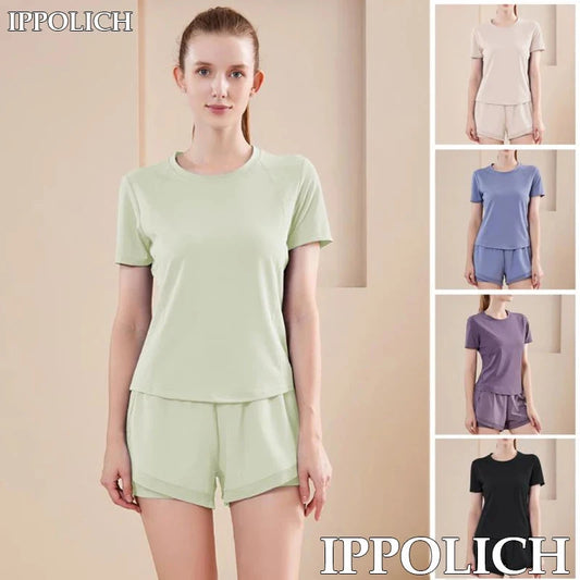 Yoga Set Women Sport T-Shirt Back Mesh Design High Waist Shorts Quick Dry Run Yoga Sports Short Sleeve Shorts Two-piece Yoga Set