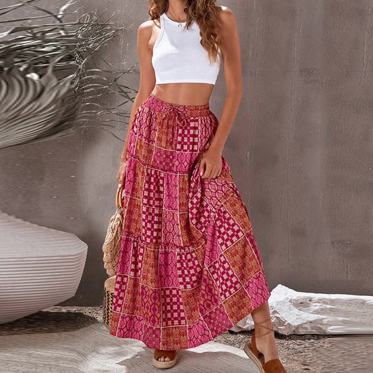 Summer Women Loose Bohemian Skirt New Fashion Elegant A-line Swing Beach Skirts Ladies Casual Elastic High Waist Printed Skirt