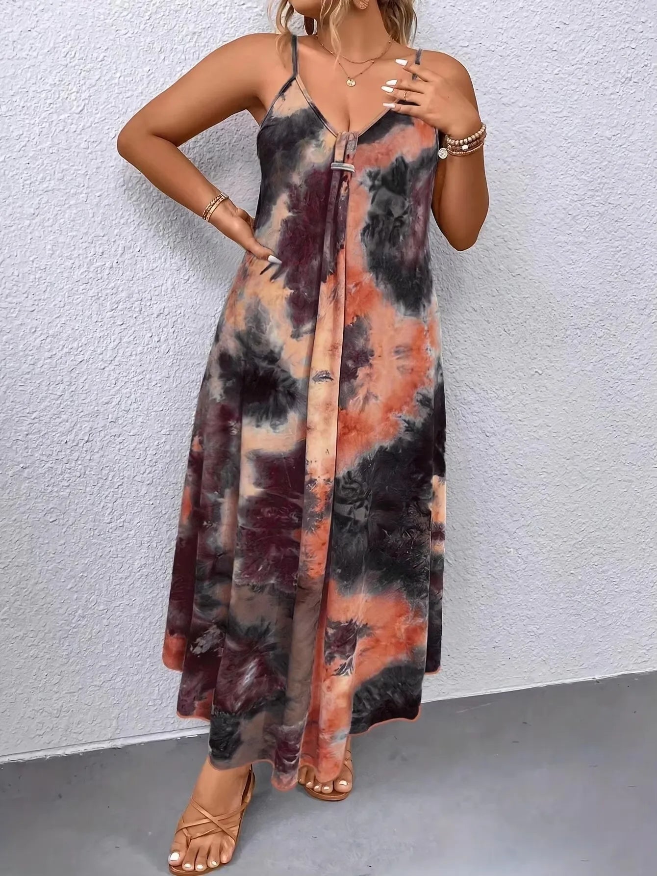 Elegant V-neck sleeveless dress for women in 2025, featuring abstract prints and pleated chest details - Lightweight and machine