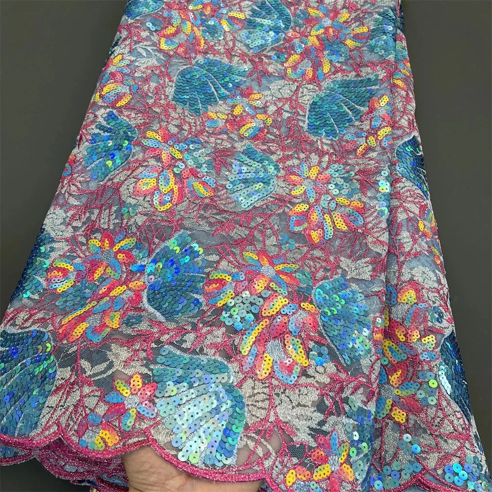 2025African Nigerian French Guipure Tulle Lace Fabric 3DSequins Beaded Embroidery for Luxury Wedding Party Evening Dresses 5Yard