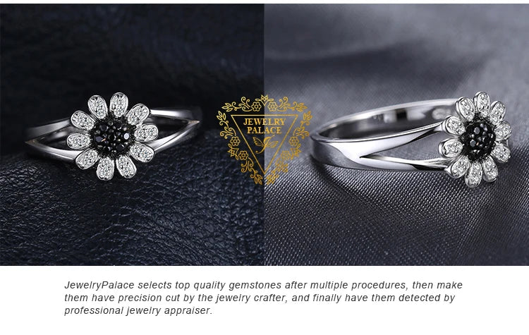 JewelryPalace Flower Natural Black Spinel 925 Sterling Silver Ring for Women Fashion Gemstone Jewelry Anniversary Birthday Gift