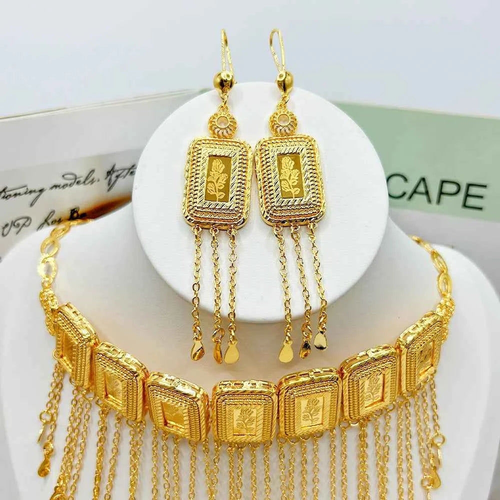 Earring Tassel Necklace Middle East 4pcs Jewelry Women Cuff Bangles with Ring Jewelry Dubai Fashion Set African Jewelry Wedding