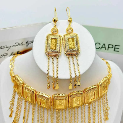 Earring Tassel Necklace Middle East 4pcs Jewelry Women Cuff Bangles with Ring Jewelry Dubai Fashion Set African Jewelry Wedding