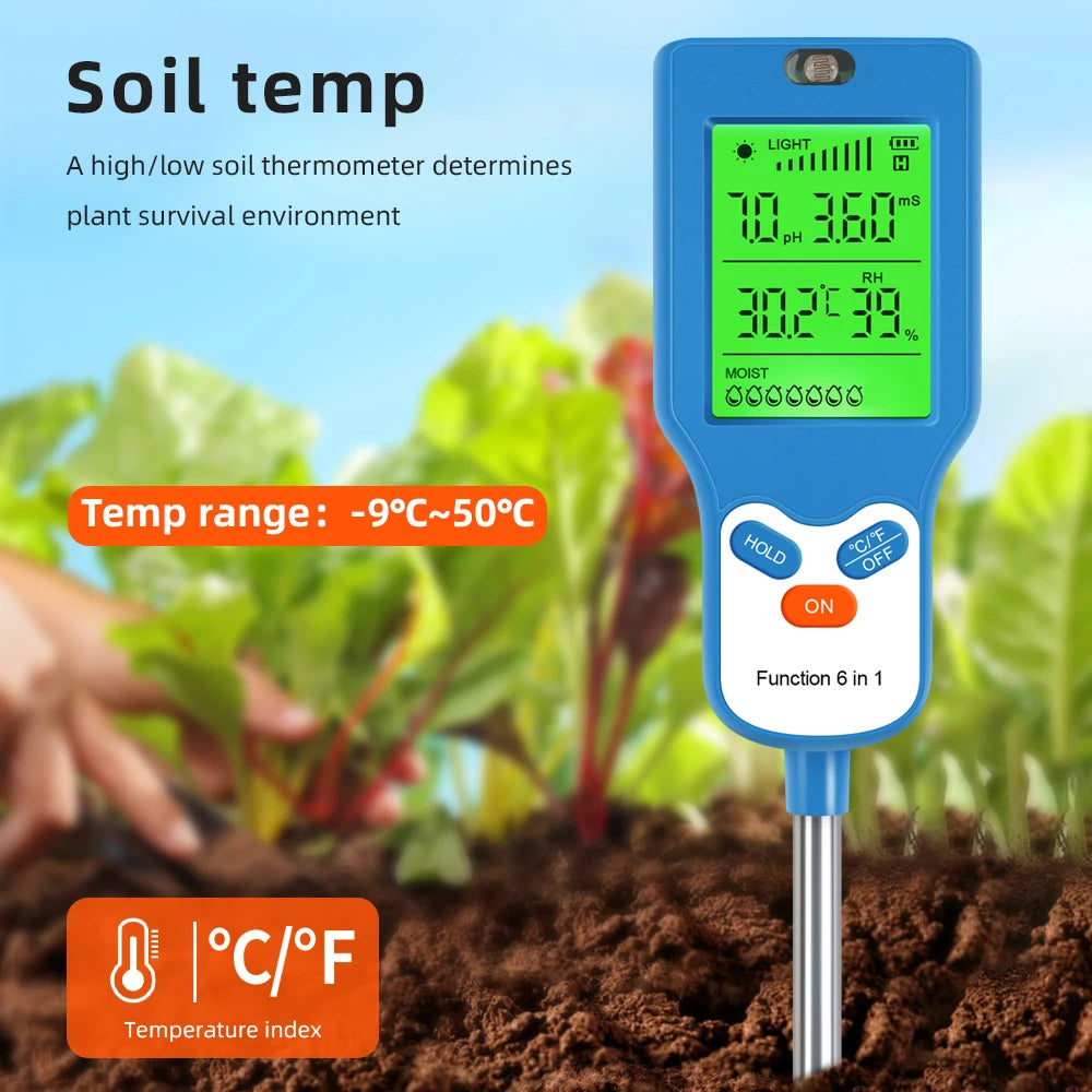 90° Digital 6 in 1 Multifunctional Soil PH Temperature Meter Farm Garden Fertility Moisture Sunlight Humidity Tester Detector - AMULET RING STORE