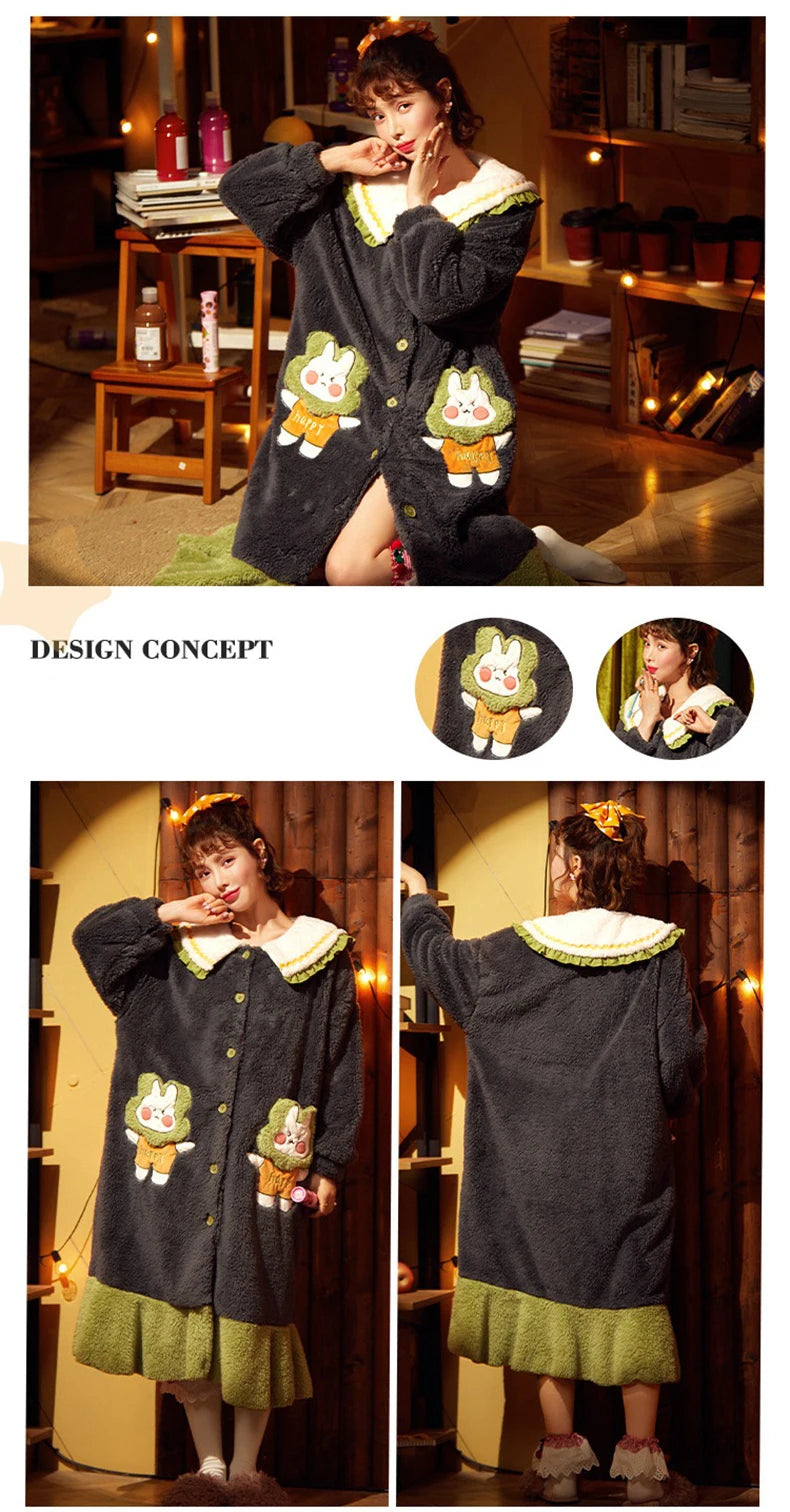 2024 Winter Pajamas For Women Cartoon Hooded Long Robe Strawberry Jacket Cute Home Wear Sleepwear Kawaii Flannel Warm Bathrobe - AMULET RING STORE