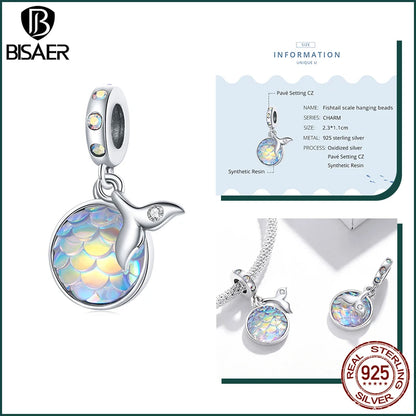 BISAER 925 Sterling Silver Charm Ocean Style Fish Dolphin Mermaid Shell Blue CZ Bead For Necklace&Bracelet DIY Fine Jewelry Gift - AMULET RING STORE