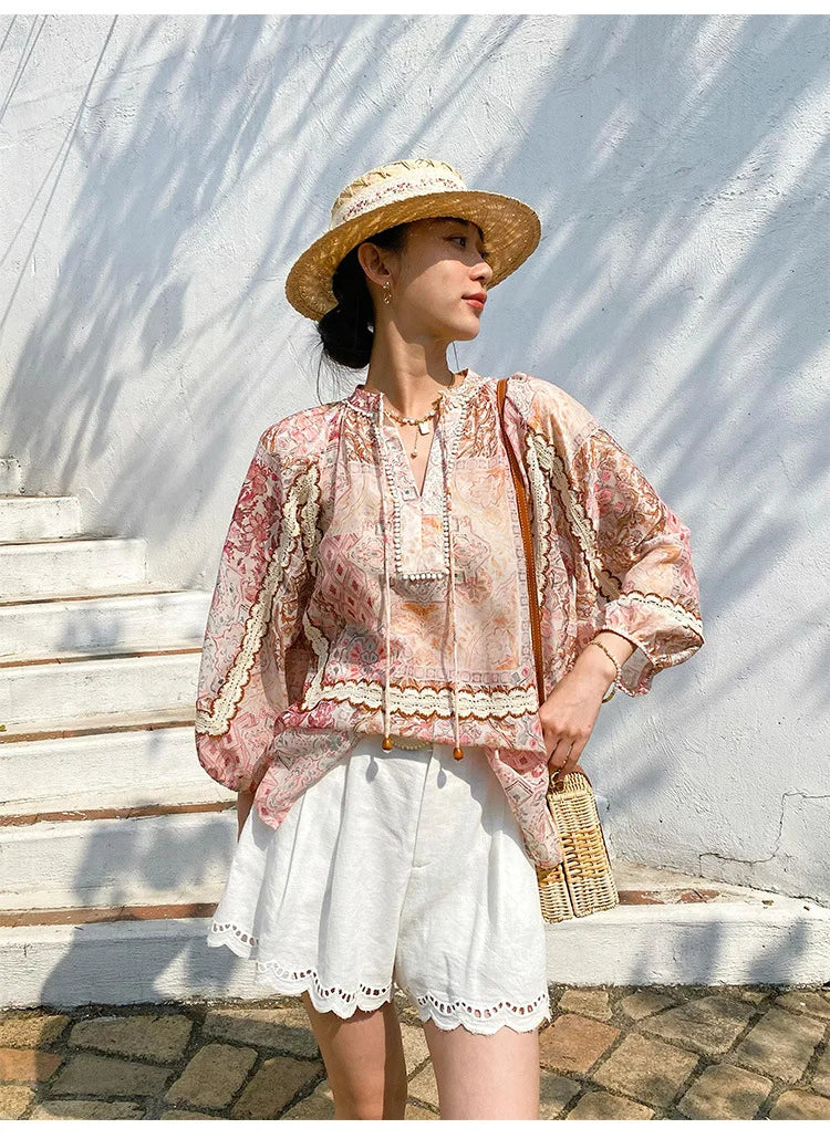 Boho Flrench Chic Floral Blouse Shirt Printed Summer Loose Lace Hollow Out Sexy Ladies Vocation Women Long Sleeve Top Shirts New