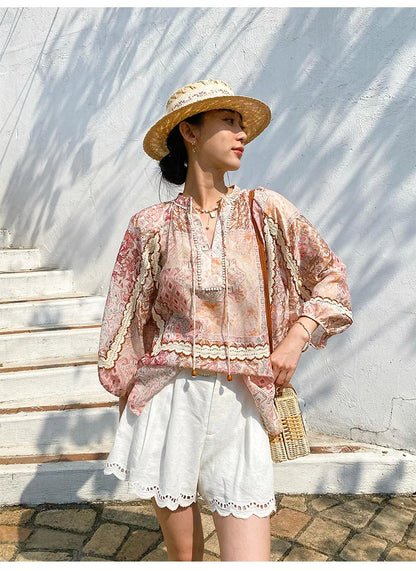 Boho Flrench Chic Floral Blouse Shirt Printed Summer Loose Lace Hollow Out Sexy Ladies Vocation Women Long Sleeve Top Shirts New