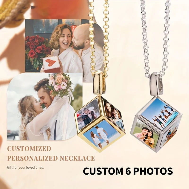 Custom 6 Pictures Fashion 6 faces Cube Necklace Pendant Unique, Gift for Father's Mother's Day Birthday Valentine's Day Wedding
