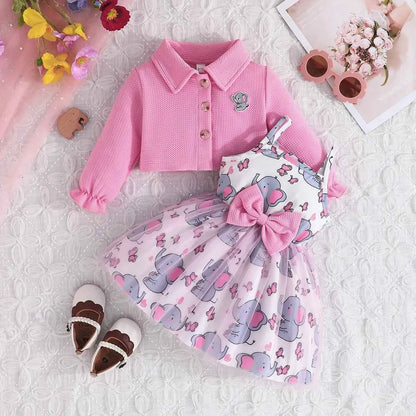 2Piece Spring Autumn Newborn Girls Clothes Korean Cartoon Cute Coat+Mesh Bow Print Sleeveless Dress Baby Boutique Clothing BC628