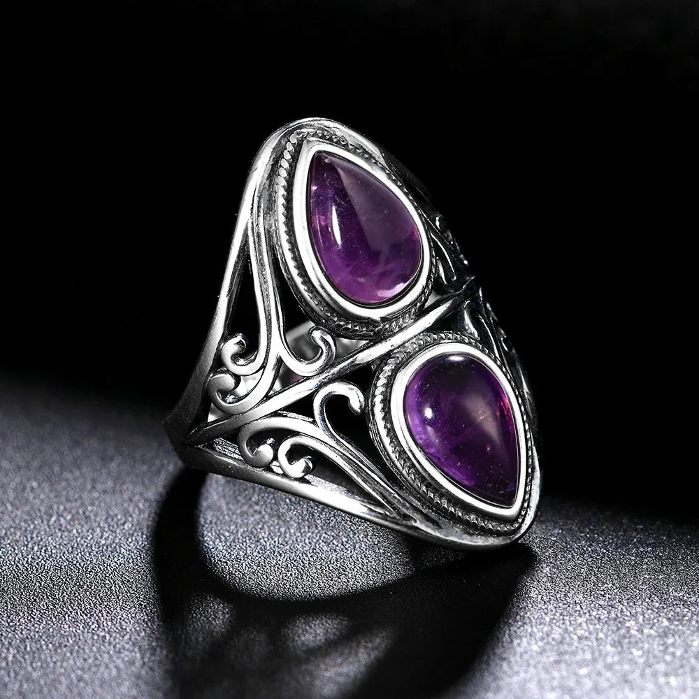 Luxury Vintage Ring Natural Amethyst Rings S925 Silver Jewelry Wedding Anniversary Party Ring Gifts for Women
