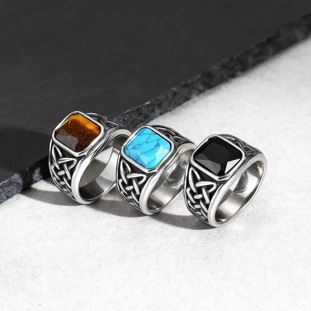 Punk Viking Knot Rings for Men,Vintage Square Natural Stone Signet Ring,Retro Ethnic Rock Jewelry Gift