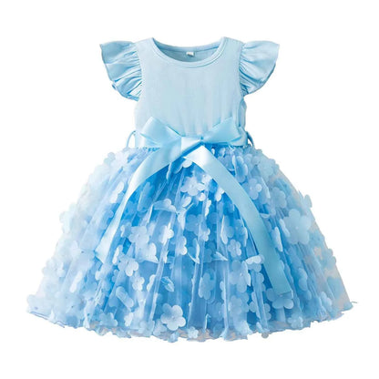 Toddler Baby Girls Clothes Elegant Floral Print Tulle Dress Summer Kids Princess Party Birthday Dress Butterfly Solid Mesh Dress