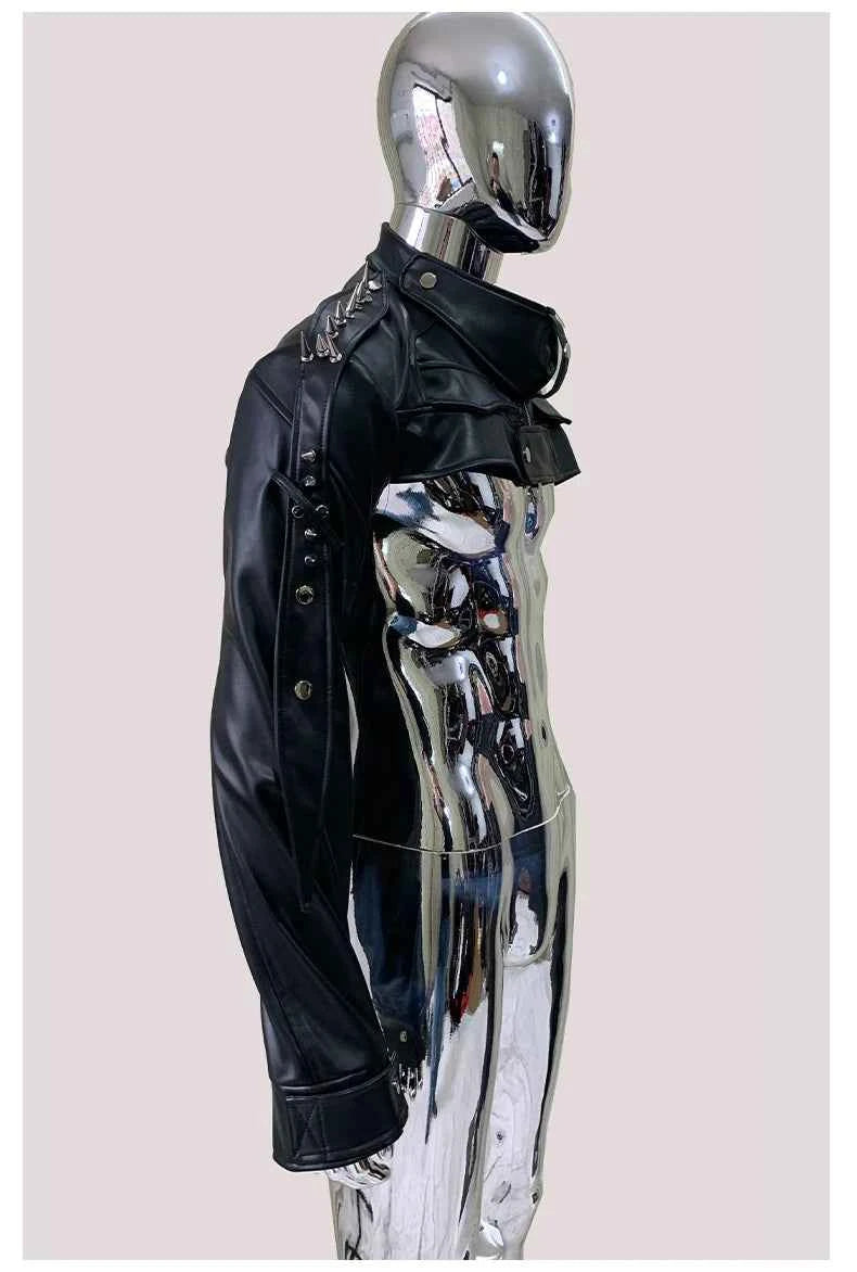 Mauroicardi Spring Autumn Cool Black Cropped Faux Leather Jacket Men Rivet Long Sleeve Zip Up Luxury Punk Style Emo Clothes 2025