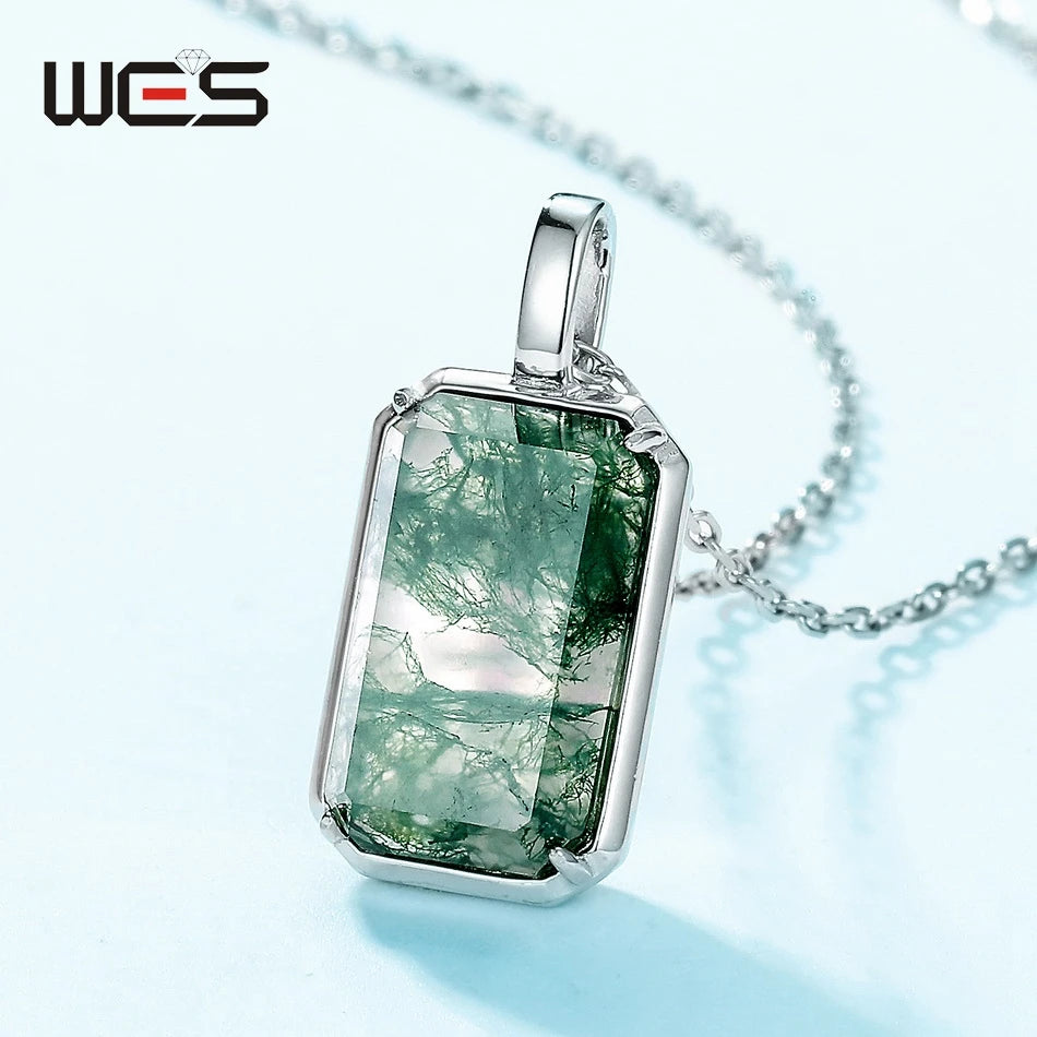 WES 100% 925 Silver Natural Unique Moss Agate Pendant Necklace for Woman Forest Jewelry Engagement Gift Boho Style Wholesale - AMULET RING STORE
